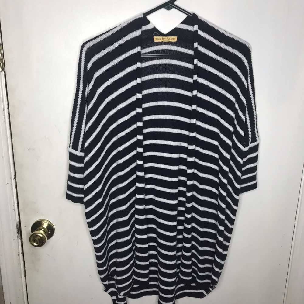 Mesh + Lace navy white stripe knit cardigan size L